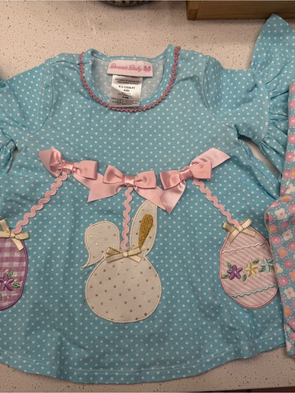 Bonnie Baby Aqua Polka Dot Top with Pink Trim Scallop Neck